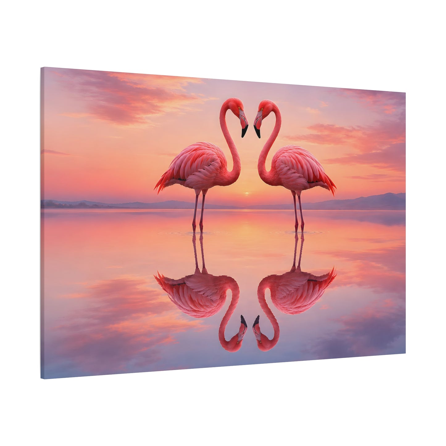 Flamingo Sunset Canvas Wall Art — Romantic Pink Flamingos Stretched Matte Print