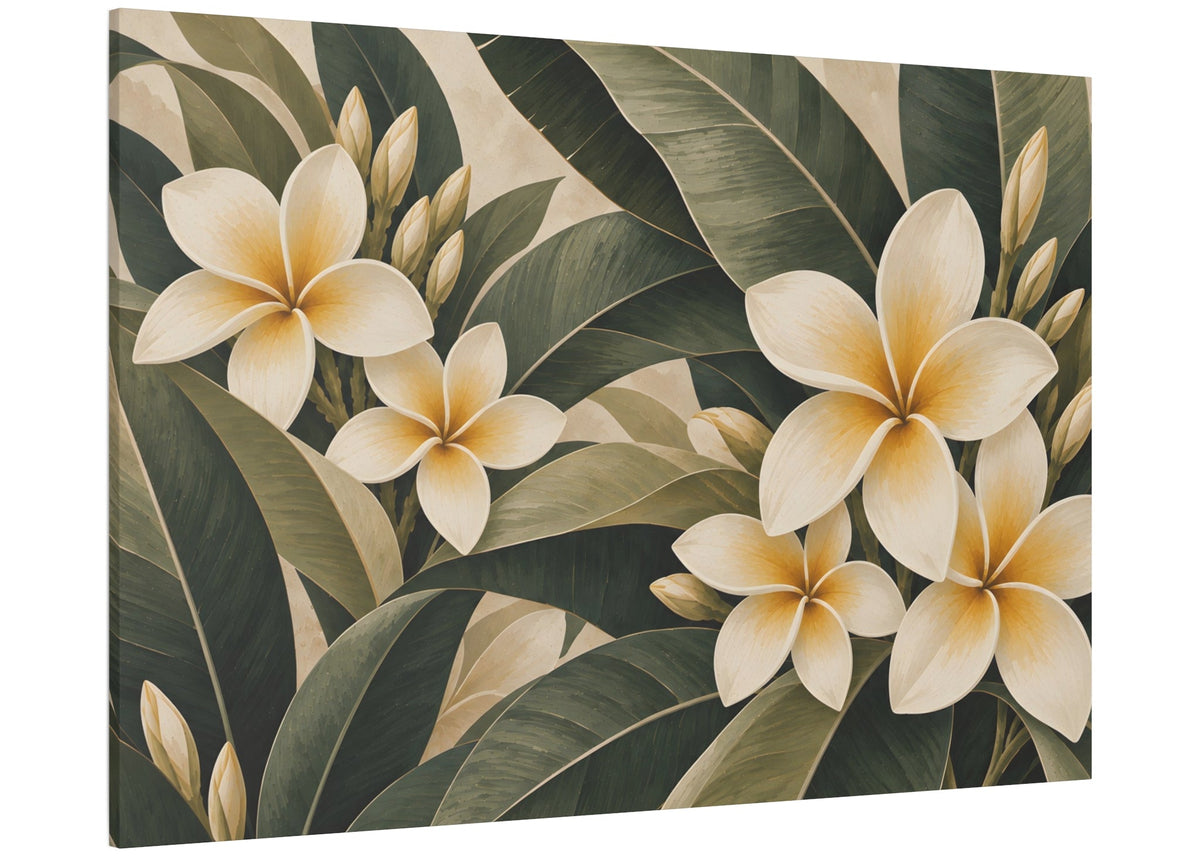 A rectangular canvas wall art print featuring a tropical floral design with cream plumeria flowers and large green leaves on a light beige background, shown at a slight angle against a white backdrop.