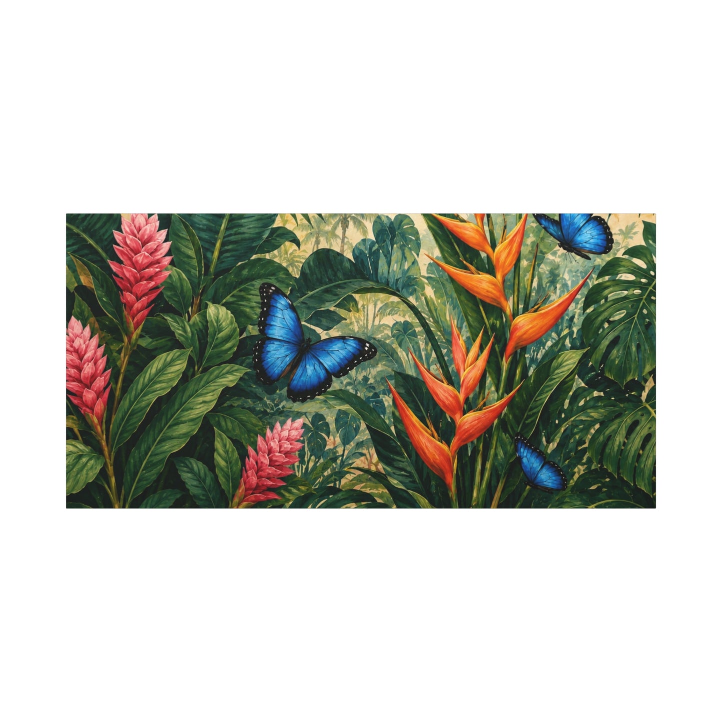 Tropical Butterfly Canvas Wall Art — Blue Butterflies & Exotic Foliage Matte Stretched Print