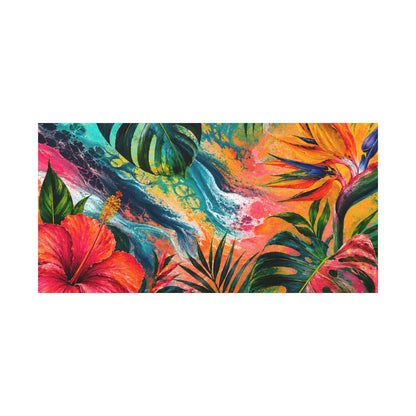 Colorful fabric with tropical floral design on a white background
