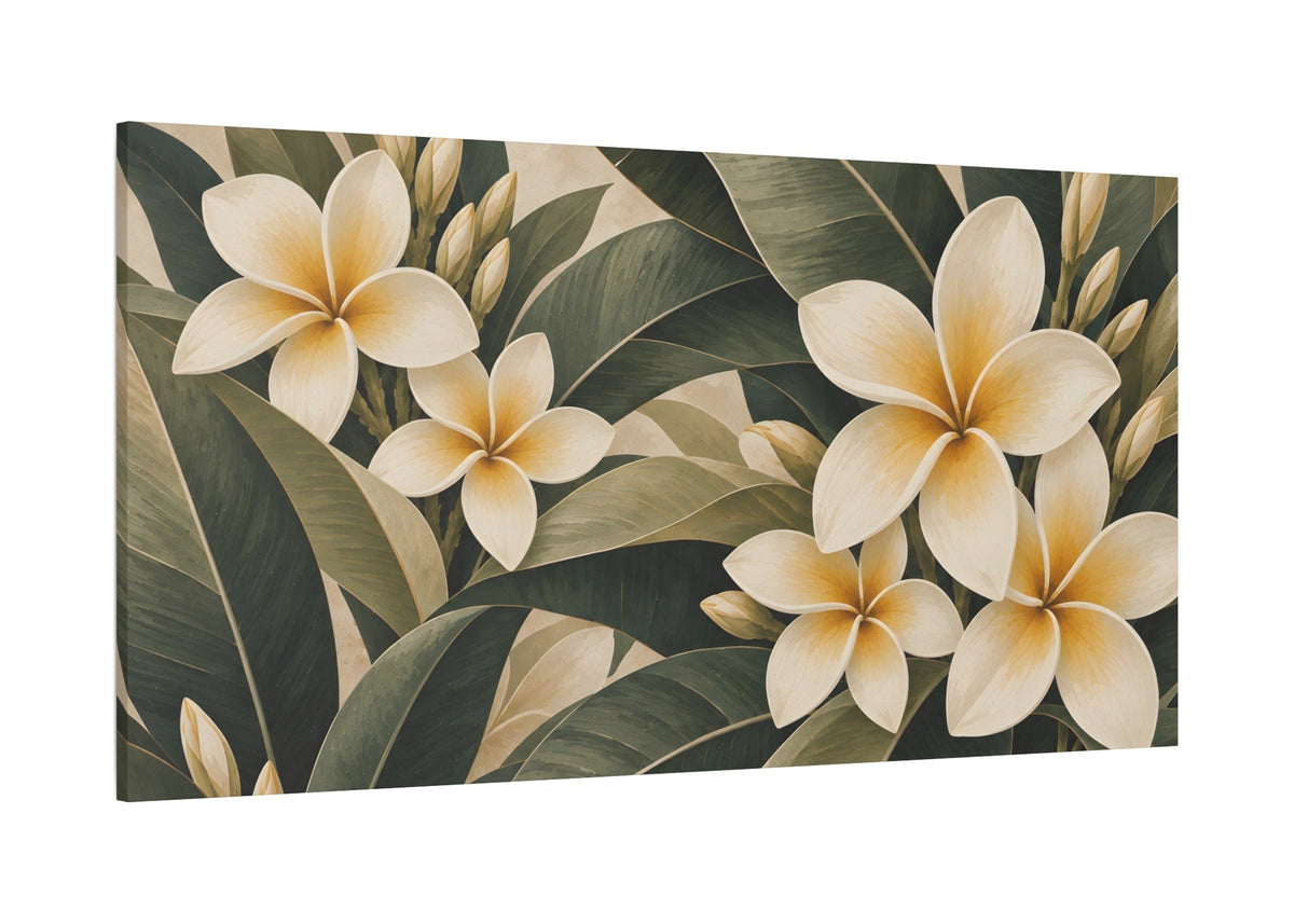 Horizontal canvas wall art featuring a tropical floral design with cream plumeria flowers and dark green leaves on a light beige background, shown against a plain white backdrop.