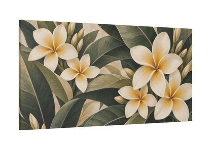 Horizontal canvas wall art featuring a tropical floral design with cream plumeria flowers and dark green leaves on a light beige background, shown against a plain white backdrop.