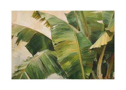 An oil painting of tropical banana leaves with textured green and yellow-green foliage against a light cream background, shown as a rectangular print on a white canvas.