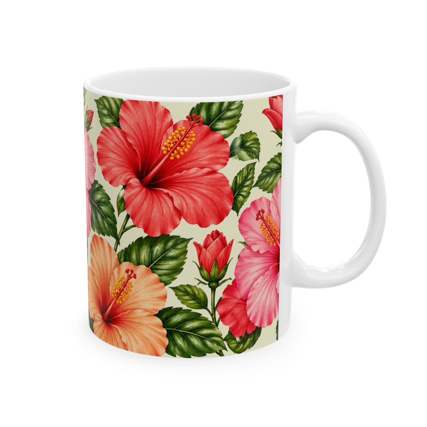 Hibiscus Floral Ceramic Mug — Tropical Pink & Peach Flower Coffee Cup (11oz, 15oz)