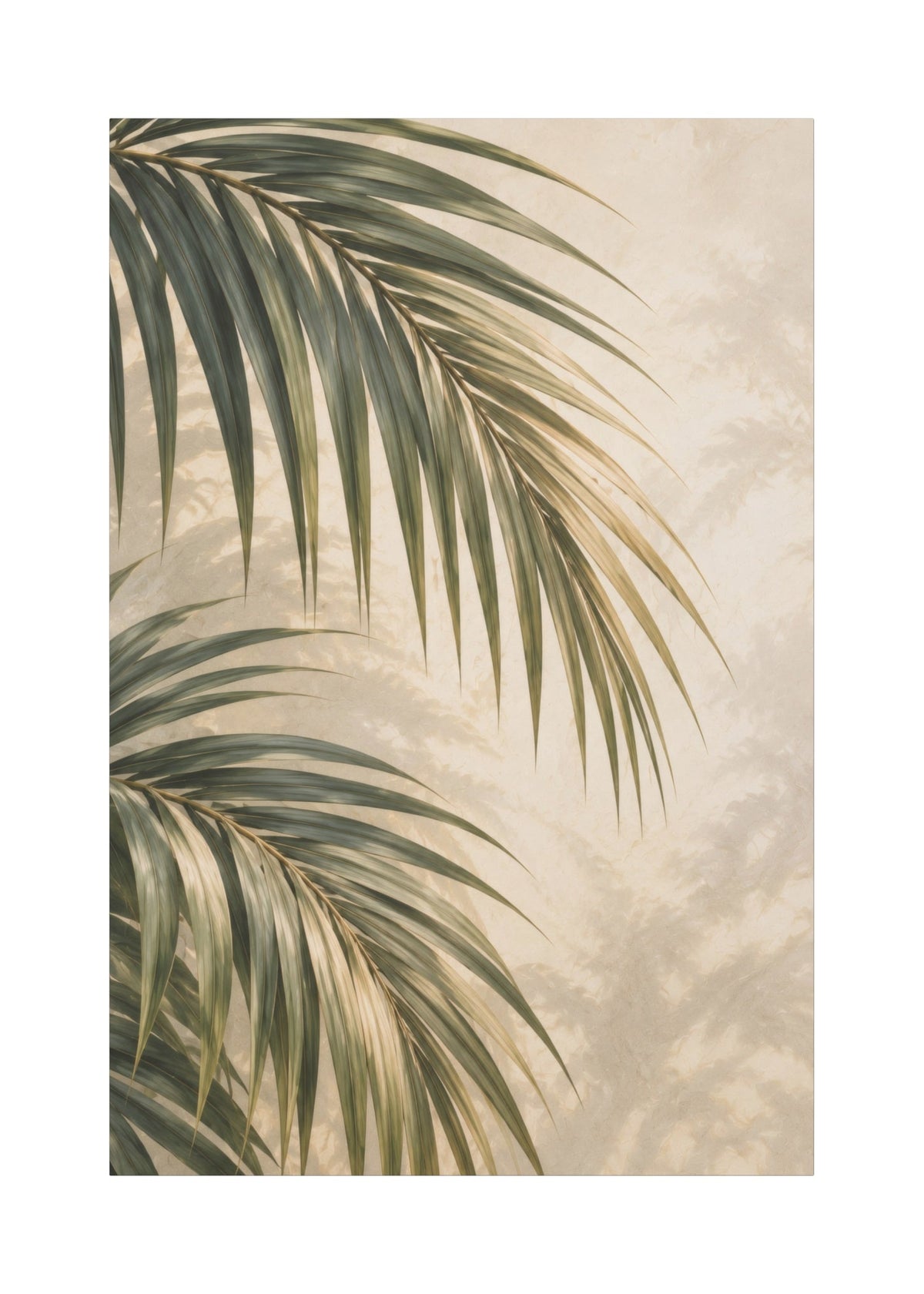 A vertical art print featuring tropical palm leaves in shades of green and beige against a textured cream background, shown with a white border.
