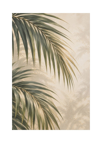 A vertical art print featuring tropical palm leaves in shades of green and beige against a textured cream background, shown with a white border.