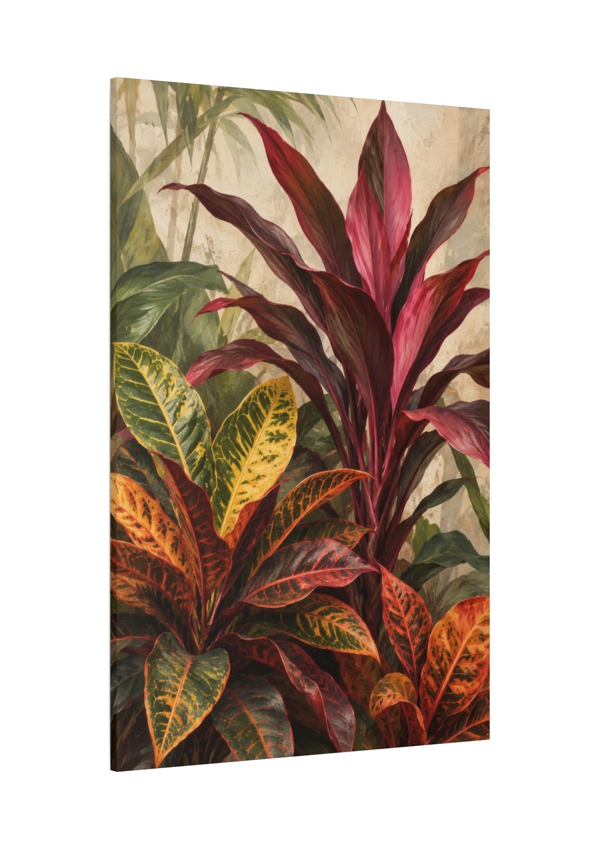 A vertical canvas wall art print depicting a tropical plant arrangement with prominent burgundy and red leaves, green foliage, and orange-yellow variegated leaves against a light textured beige background.