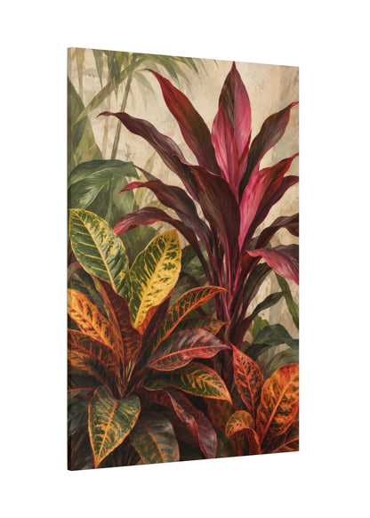 A vertical canvas wall art print depicting a tropical plant arrangement with prominent burgundy and red leaves, green foliage, and orange-yellow variegated leaves against a light textured beige background.