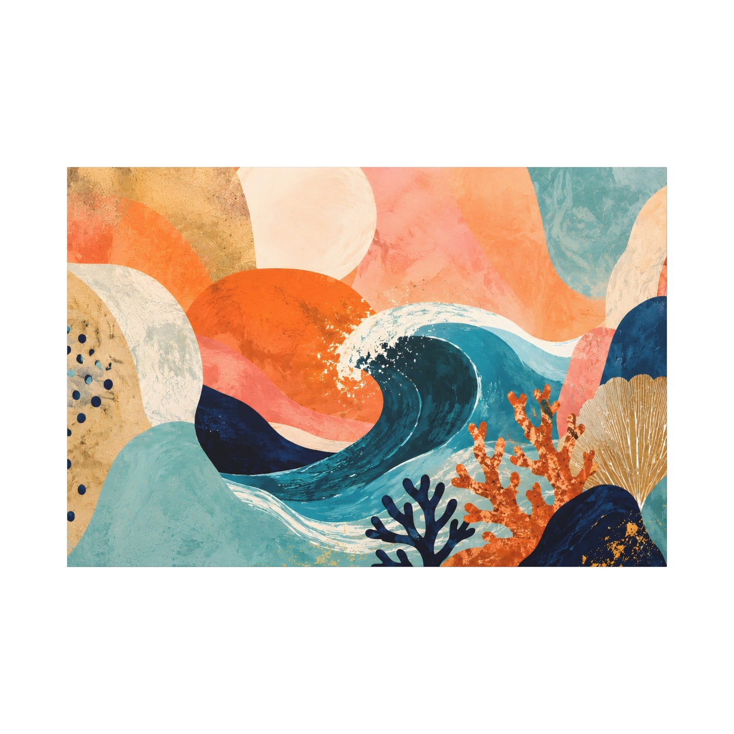 Colorful abstract wall art design with waves and coral on a white background