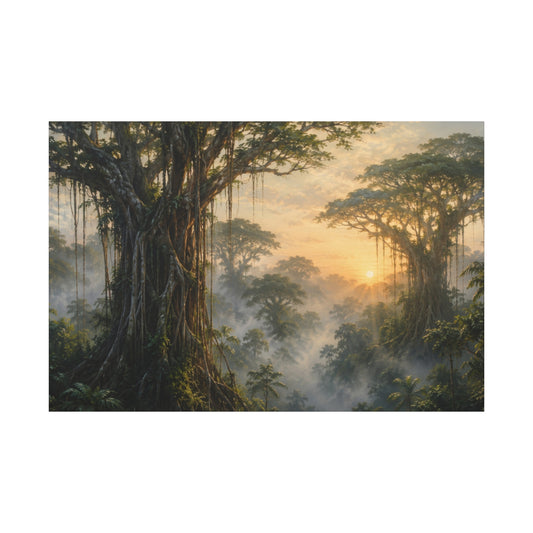A rectangular landscape art print depicting a misty tropical forest with massive hanging-bark trees and a glowing sunrise, shown centered on a white background.
