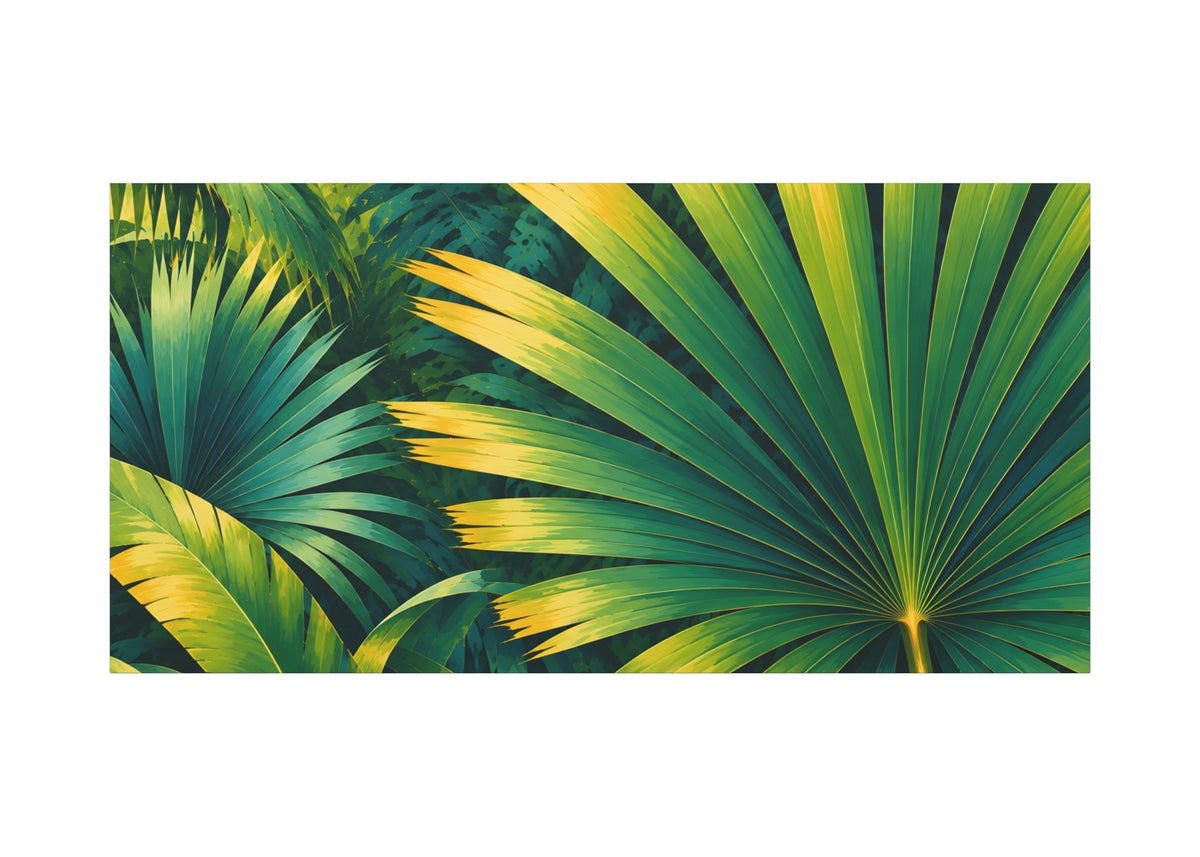 A rectangular wall art print featuring a close-up tropical palm leaf pattern in vivid green and yellow tones, centered on a plain white background.