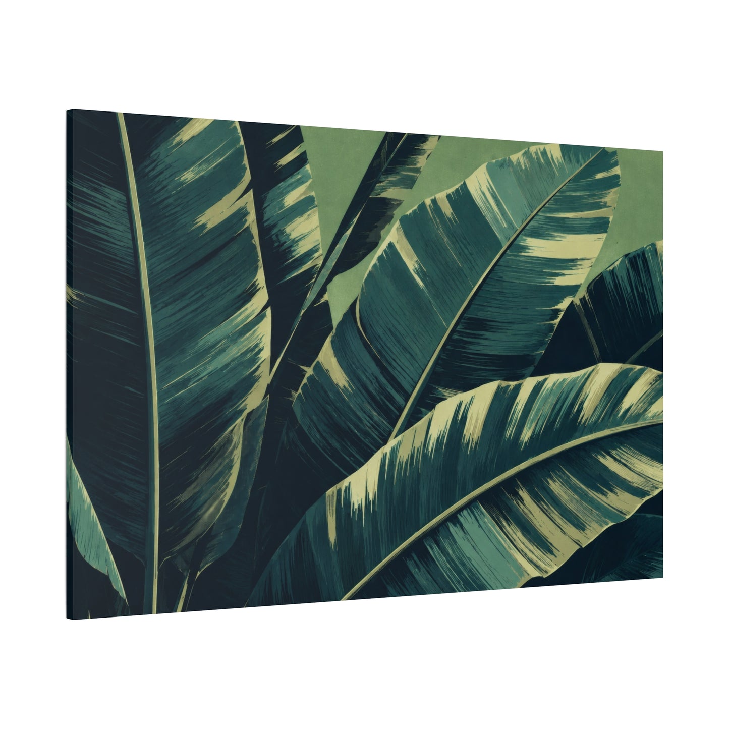 Canvas print with green and yellow tropical leaf design on a white background
