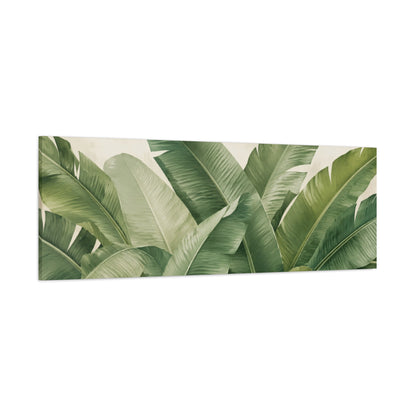 Horizontal canvas wall art featuring a close-up tropical pattern of green banana leaves on a light cream background, shown hanging against a white wall.