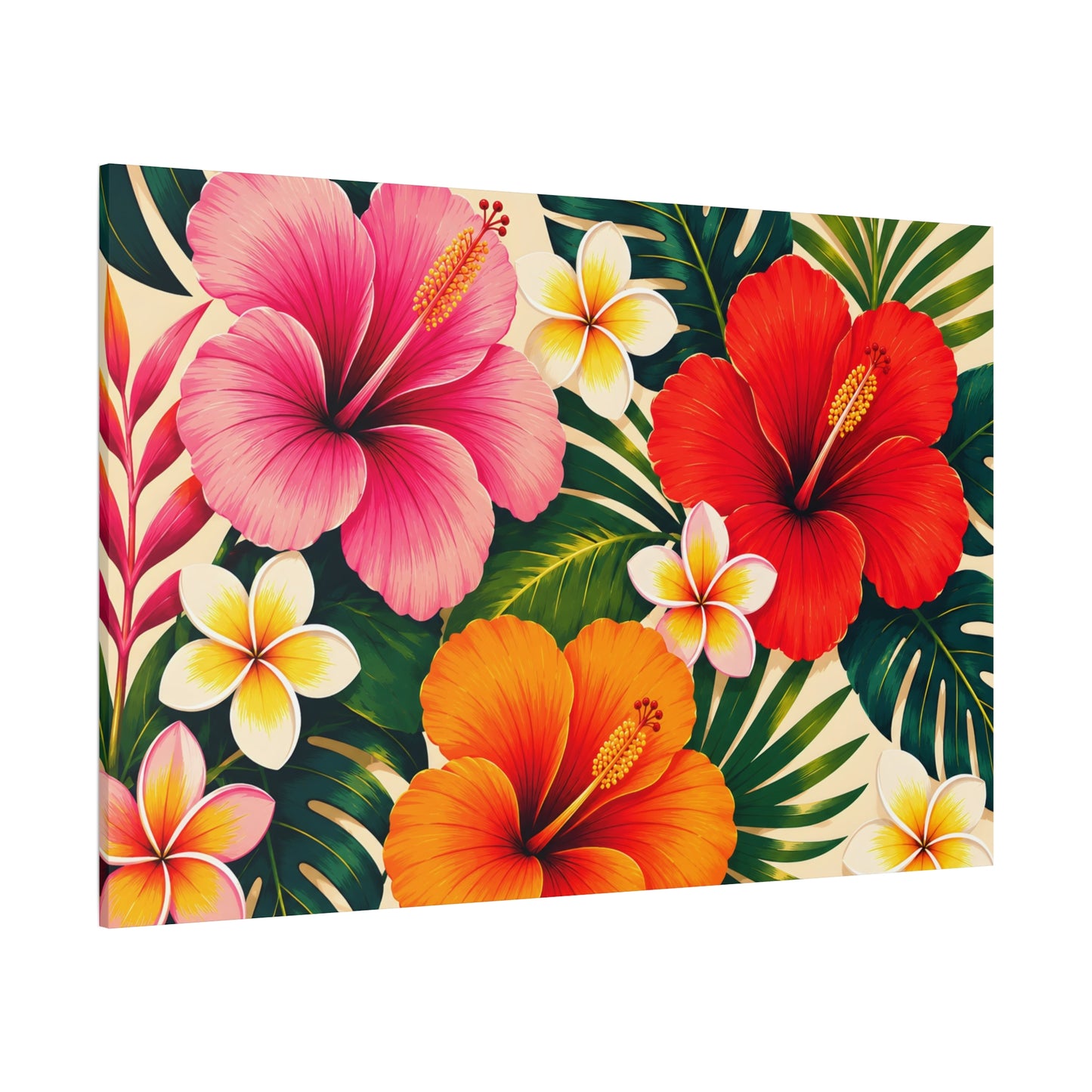 Tropical Hibiscus & Frangipani Canvas Wall Art — Vibrant Floral Matte Stretched Print