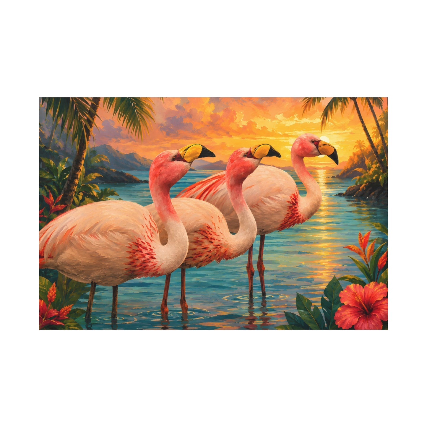 Tropical Flamingo Canvas Wall Art — Sunset Beach Scene Matte Stretched Print
