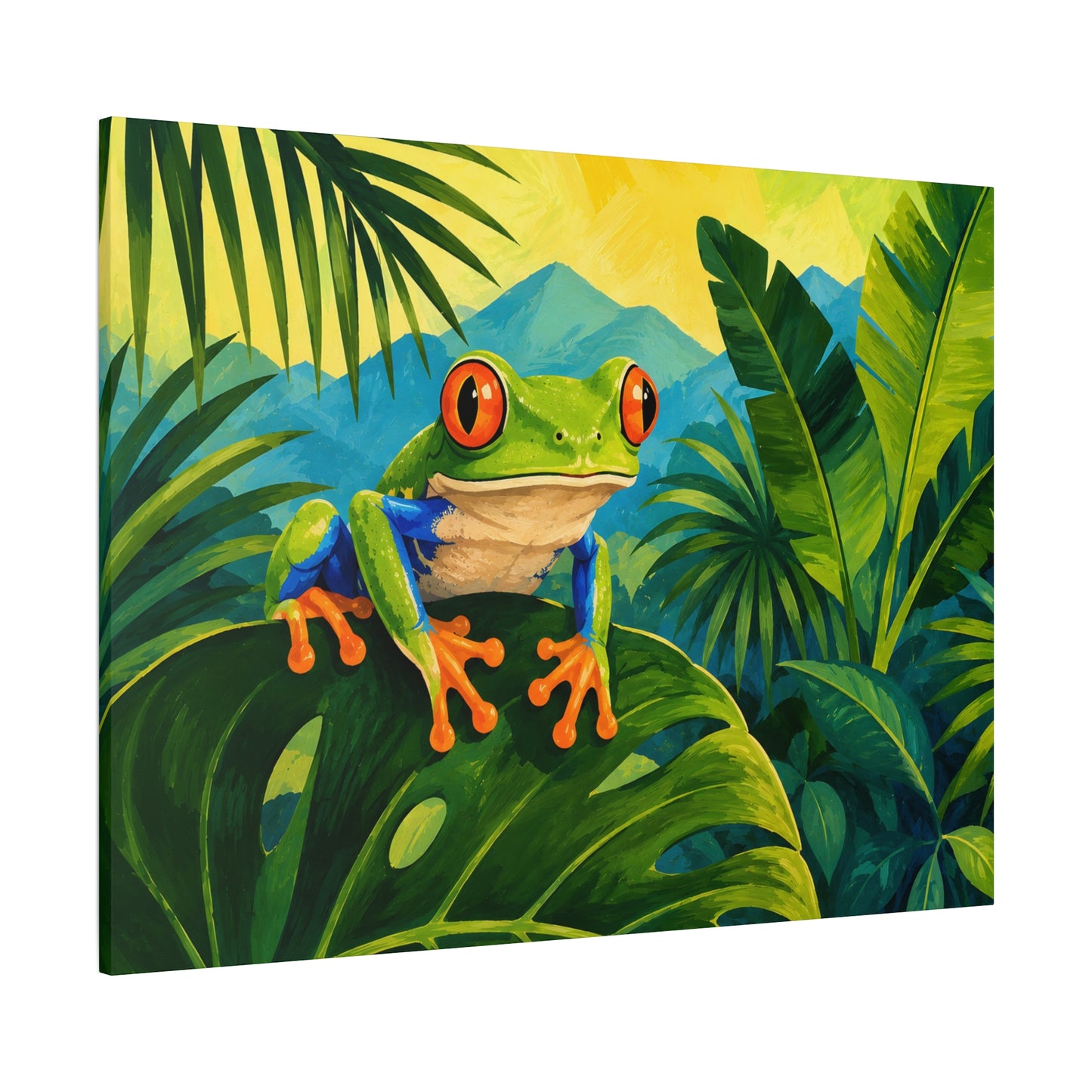 Canvas print of a colorful frog on a leaf with a tropical background