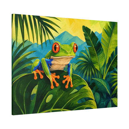 Canvas print of a colorful frog on a leaf with a tropical background