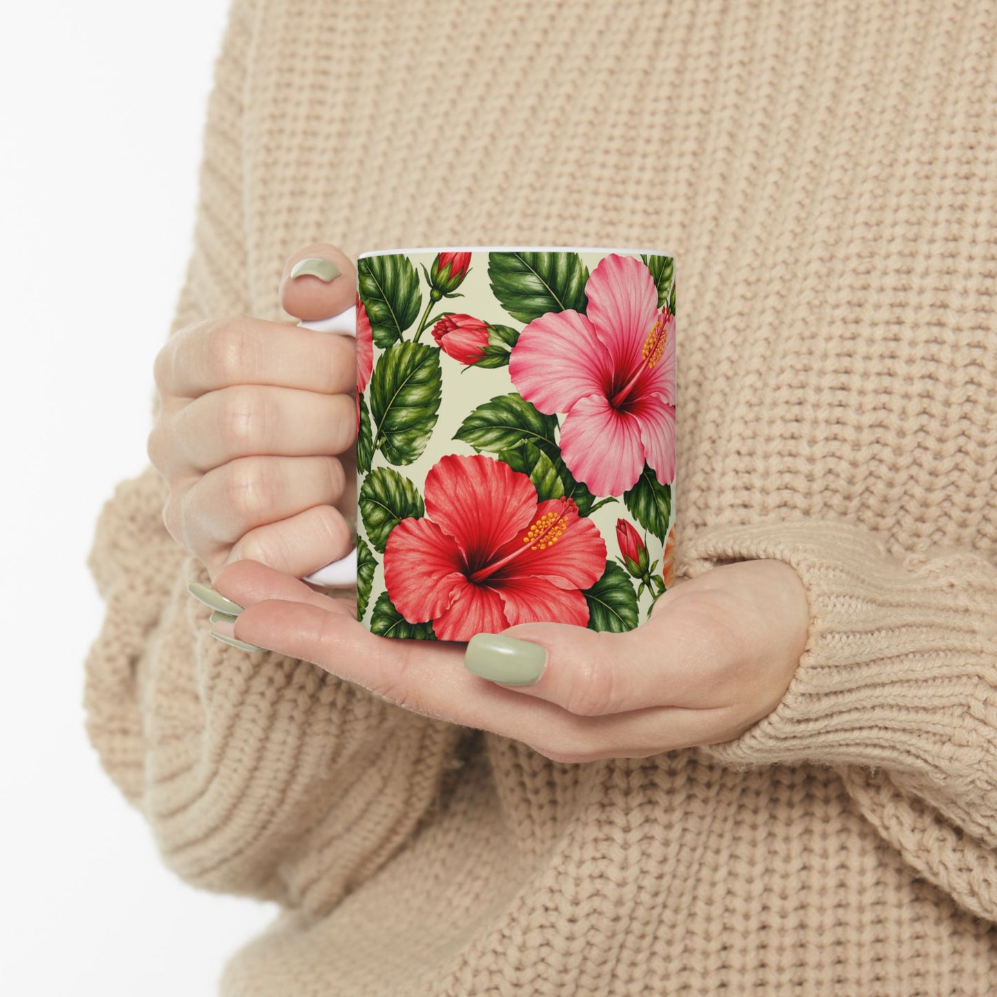 Hibiscus Floral Ceramic Mug — Tropical Pink & Peach Flower Coffee Cup (11oz, 15oz)
