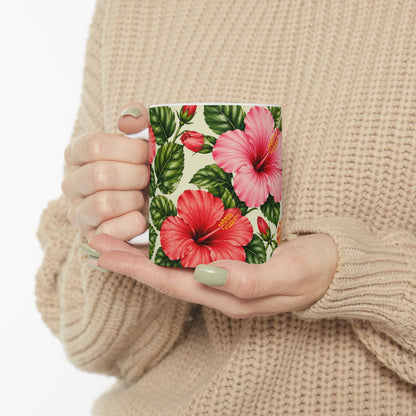 Hibiscus Floral Ceramic Mug — Tropical Pink & Peach Flower Coffee Cup (11oz, 15oz)