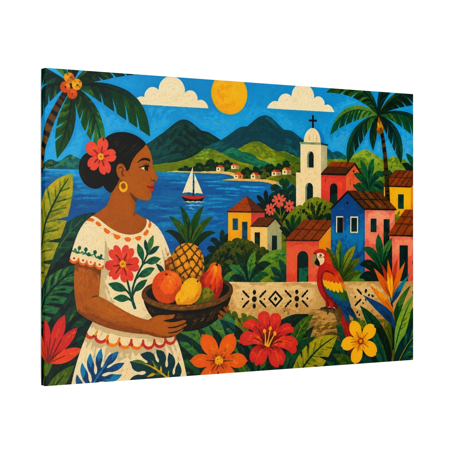 Tropical Village Canvas Wall Art — Colorful Mexican Folk Scene with Woman & Fruits