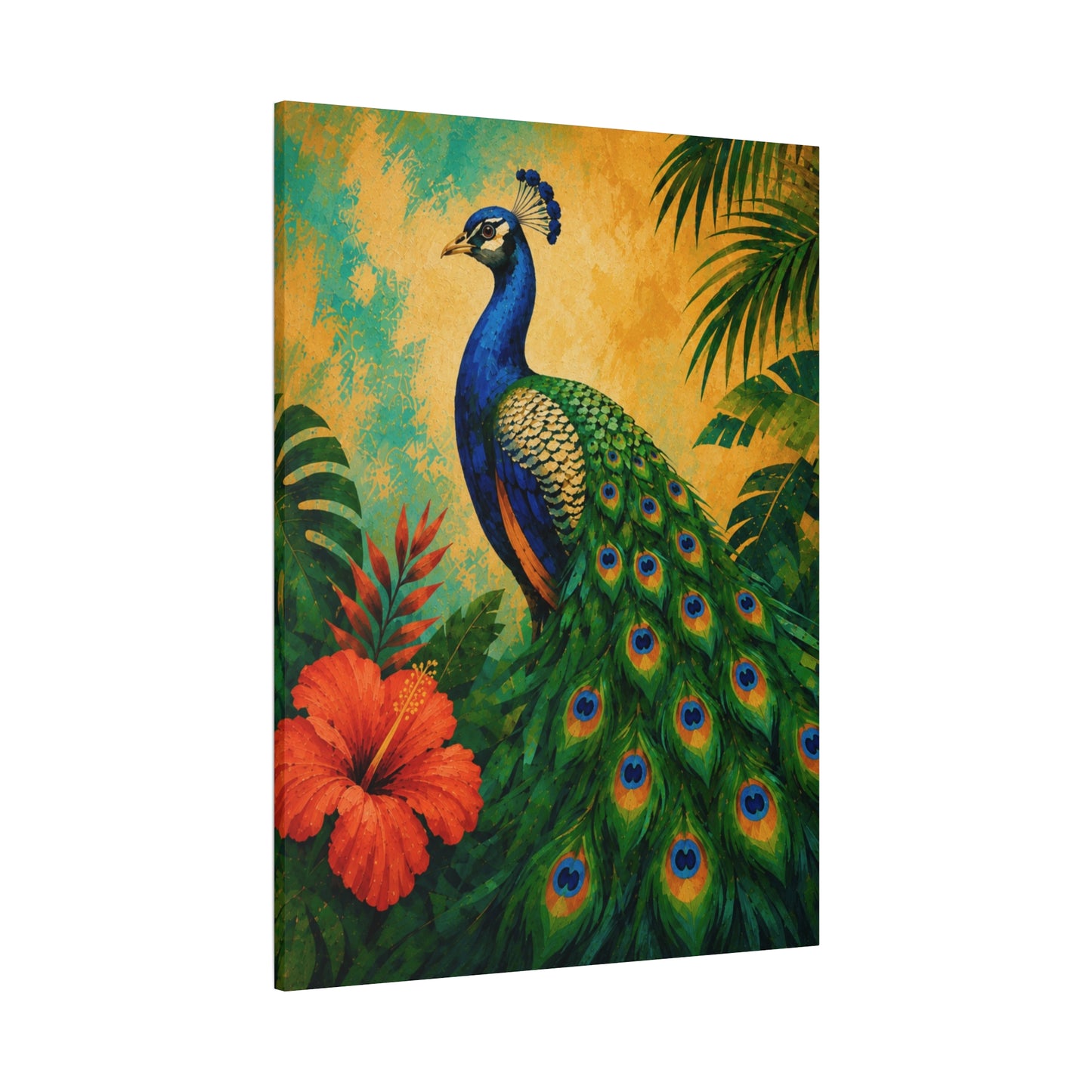 Peacock Wall Art Canvas — Tropical Peacock Painting on Matte Stretched Canvas