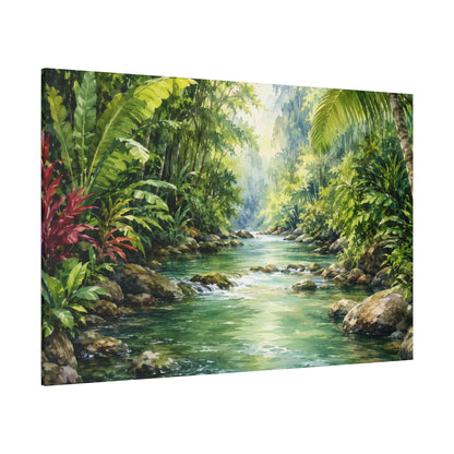 A rectangular canvas wall art print depicting a lush tropical jungle stream with green foliage, rocks, and flowing water, shown at a slight angle against a plain white background.