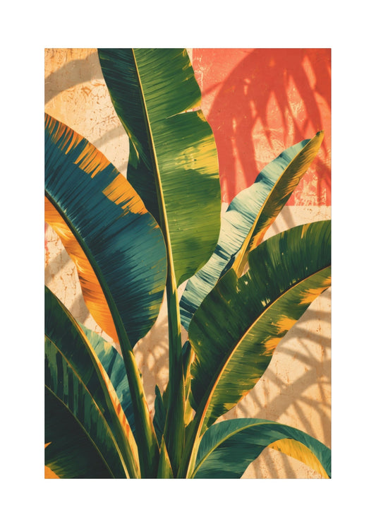 A vertical art print featuring a close-up of tropical banana leaves in shades of green, yellow, and orange against a textured warm beige and coral background with leaf shadows.