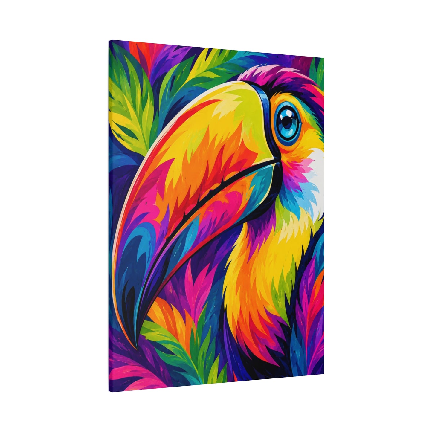 Colorful parrot painting with vibrant feathers on a white background
