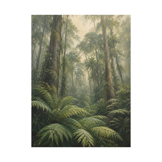 A vertical art print depicting a dense, misty forest with tall trees and lush green ferns in the foreground, centered on a white background.
