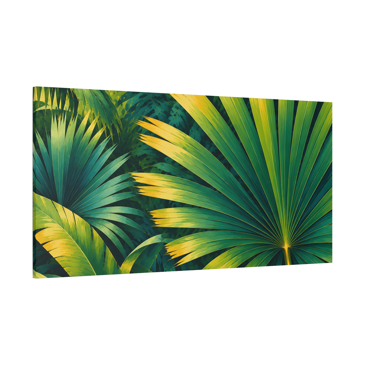 A rectangular canvas wall art print featuring a close-up tropical palm leaf pattern in vivid green and yellow tones, shown against a plain white background.