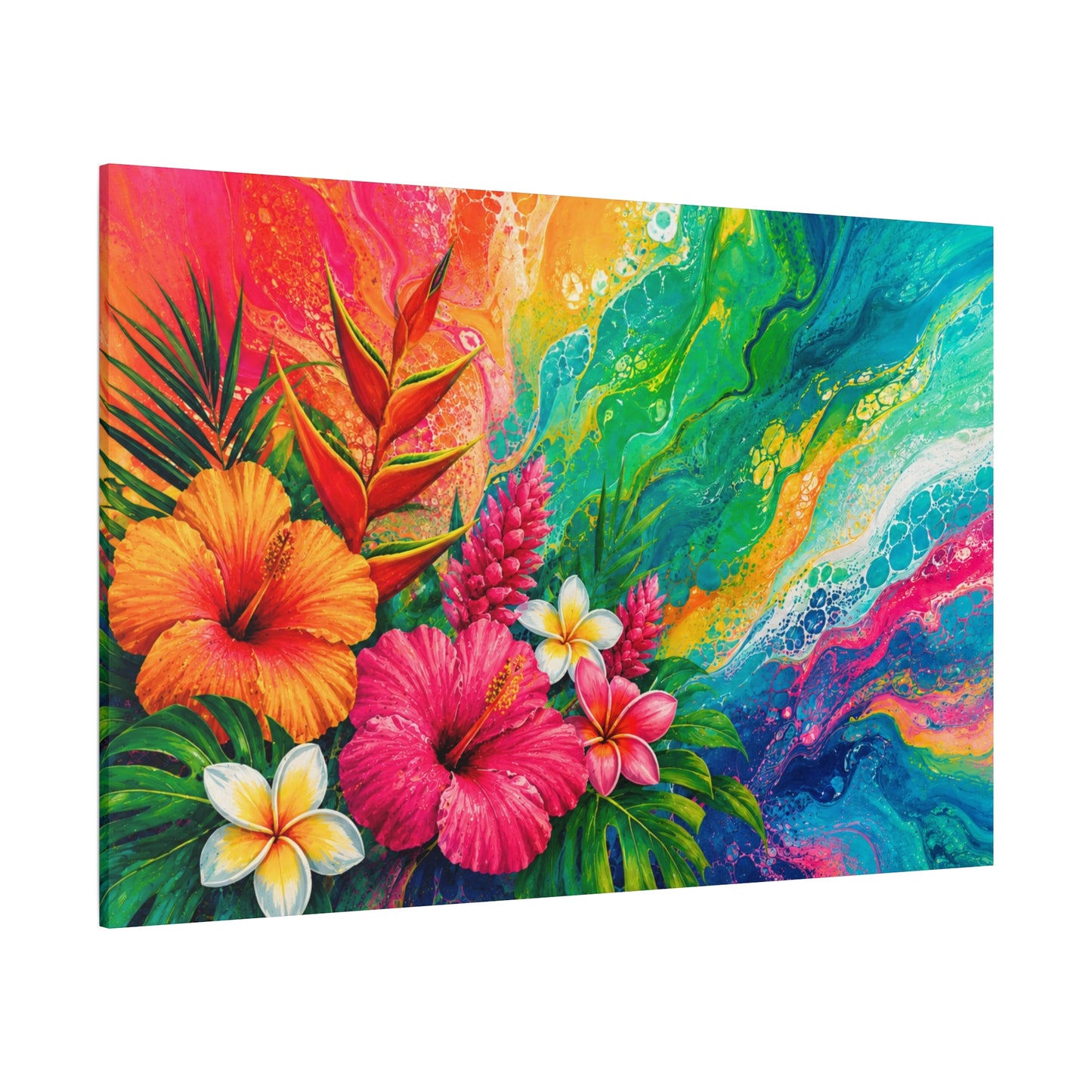 Tropical Floral Canvas Wall Art - Vibrant Hibiscus & Plumeria Stretched Print