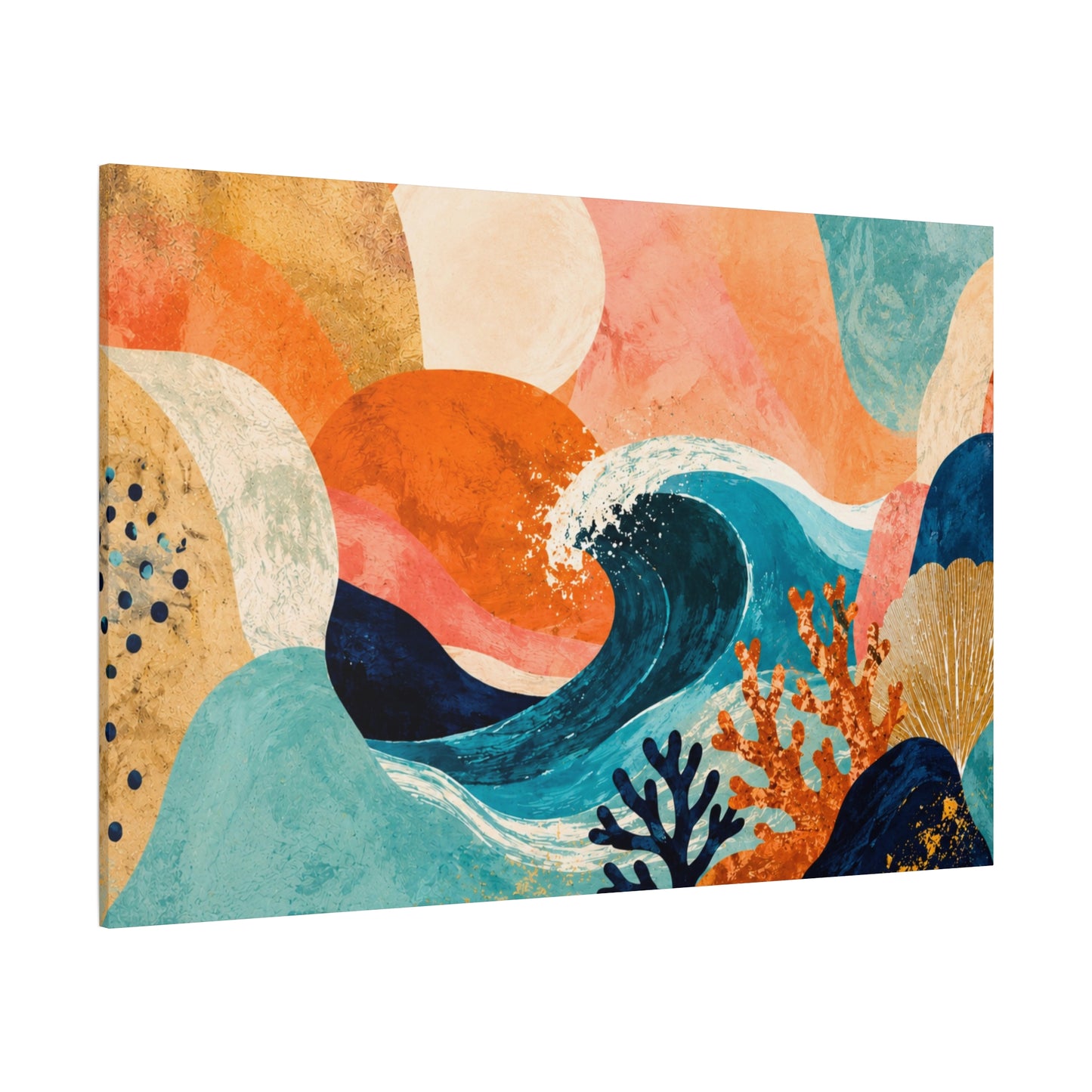 Abstract Ocean Waves Matte Canvas Print — Coastal Coral & Teal Wall Art