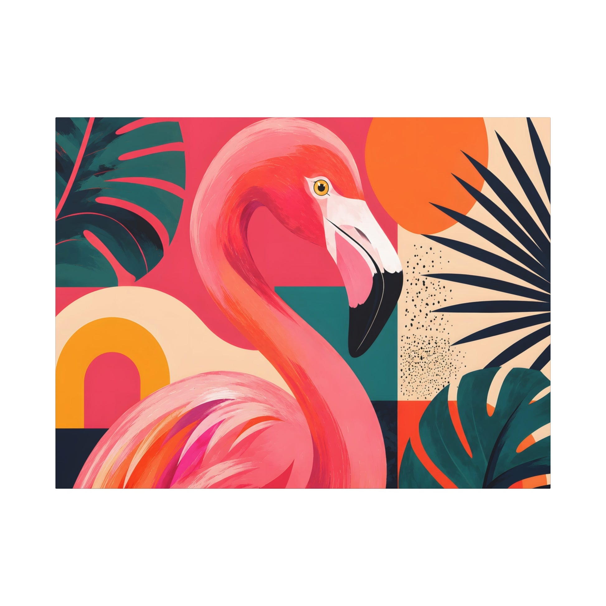 Colorful illustration of a flamingo with tropical leaves on a geometric background