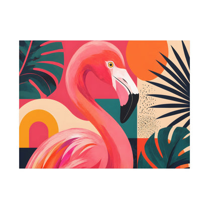 Colorful illustration of a flamingo with tropical leaves on a geometric background