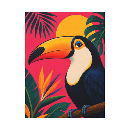 Colorful toucan illustration with tropical leaves on a pink background