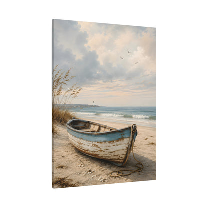 Side view of canvas print with beached boat on a sandy shore with ocean and sky in the background