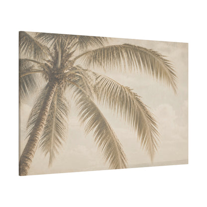A rectangular canvas wall art print showing a close-up tropical palm tree in soft sepia tones against a pale sky, photographed on a clean white background.