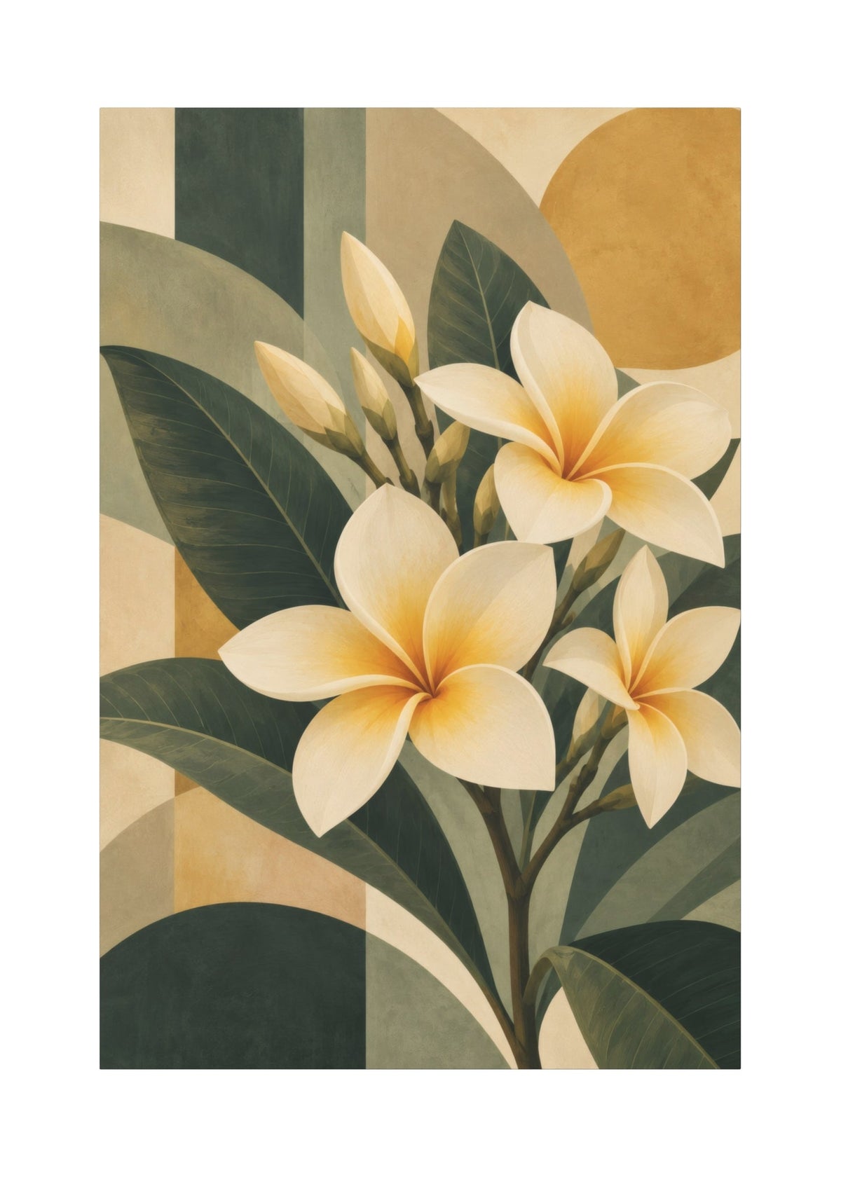 A vertical art print featuring a stylized botanical illustration of white and pale yellow plumeria flowers with dark green leaves, set against an abstract background of muted beige, tan, and olive green shapes.