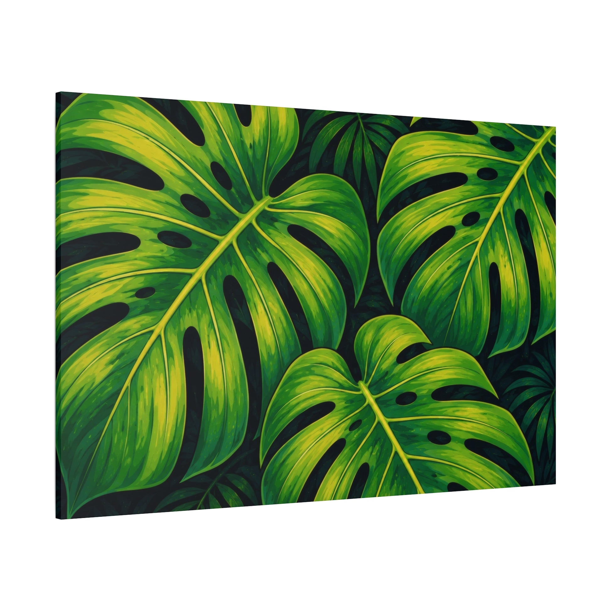 A rectangular canvas wall art print featuring a close-up tropical monstera leaf pattern in vivid green and yellow tones against a very dark background, shown at a slight angle on a white studio background.