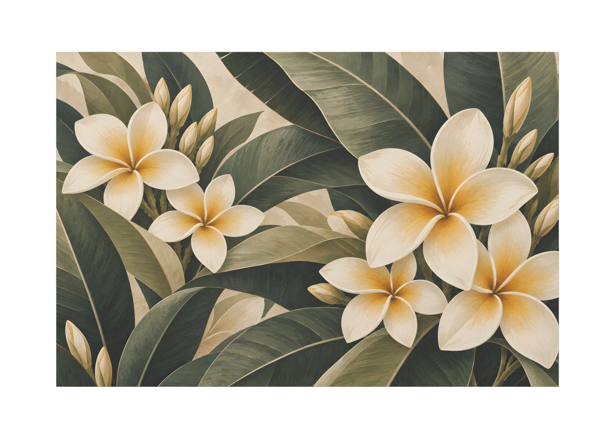 A rectangular wall art print featuring a tropical floral design with large cream plumeria flowers and dark green leaves on a light beige background, shown against a plain white backdrop.