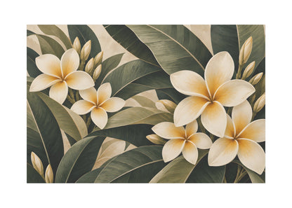 A rectangular wall art print featuring a tropical floral design with large cream plumeria flowers and dark green leaves on a light beige background, shown against a plain white backdrop.