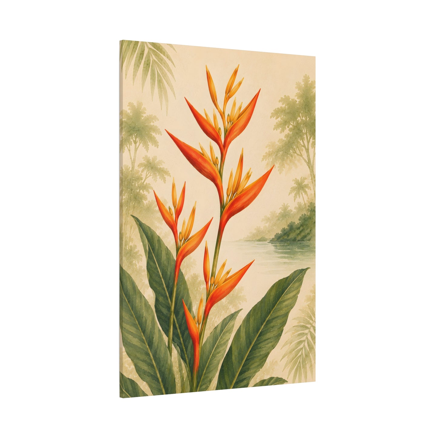 Canvas print with tropical floral heliconia design on a beige background