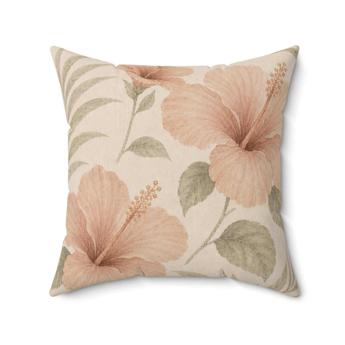 Floral patterned pillow with pink flowers and green leaves on a beige background