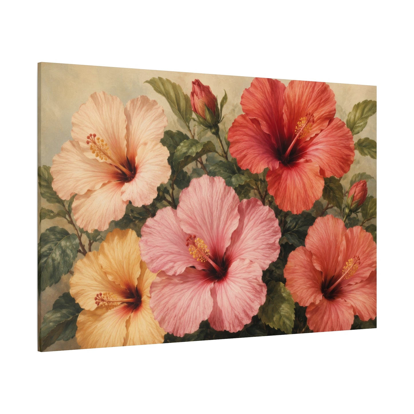 A rectangular canvas wall art print featuring a vintage-style floral painting of hibiscus flowers in pink, coral, peach, and yellow with green leaves, shown at an angle against a plain white background.