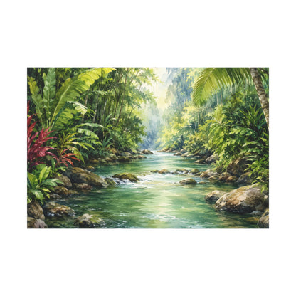 A rectangular landscape painting of a tropical jungle stream, featuring lush green foliage, rocks, and flowing water under bright sunlight, presented on a white background.