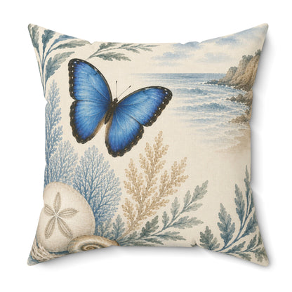 Coastal Blue Butterfly Throw Pillow — Seashell & Coral Accent Cushion