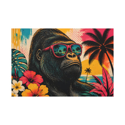 Gorilla wearing sunglasses with a tropical background featuring palm trees and flowers.