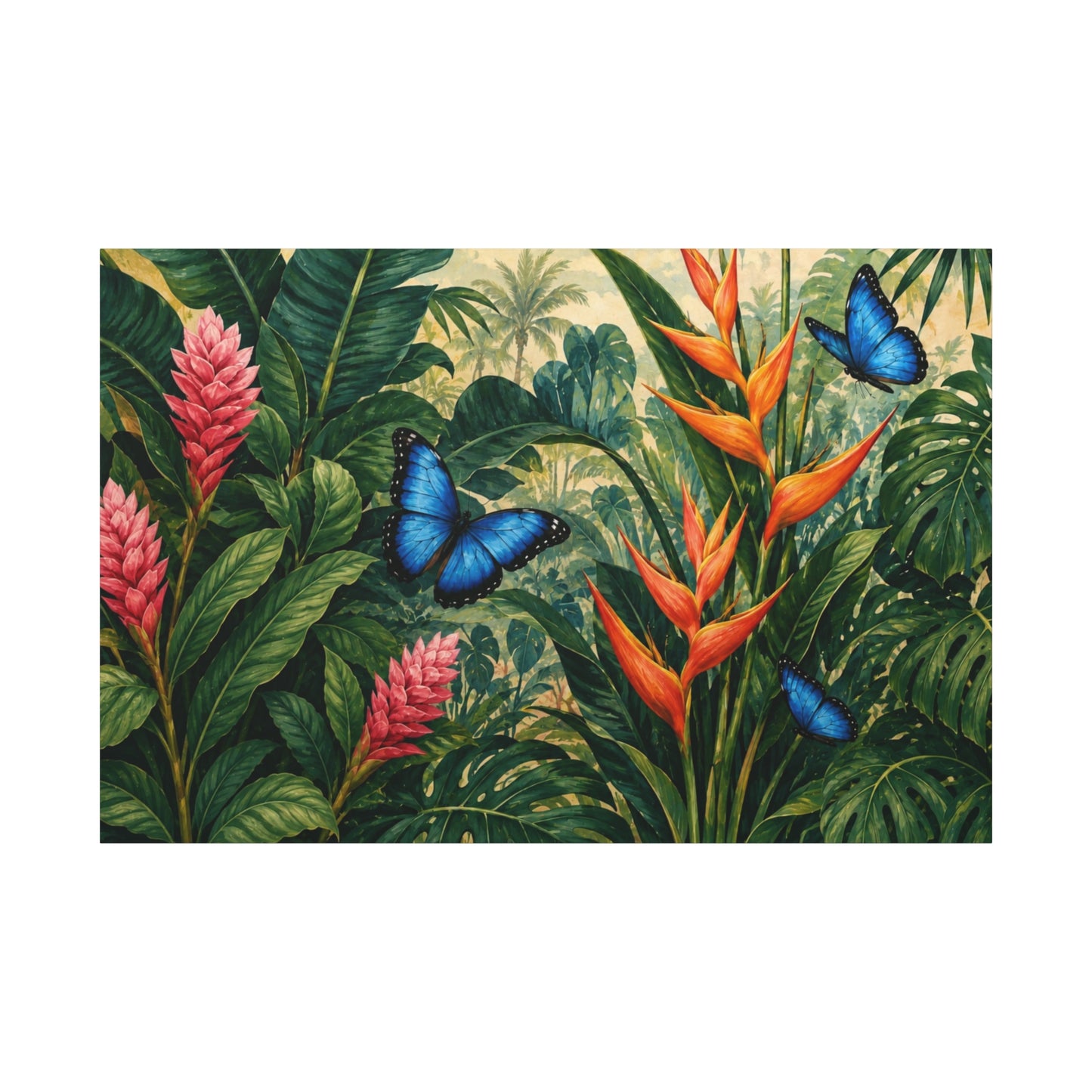 Tropical Butterfly Canvas Wall Art — Blue Butterflies & Exotic Foliage Matte Stretched Print