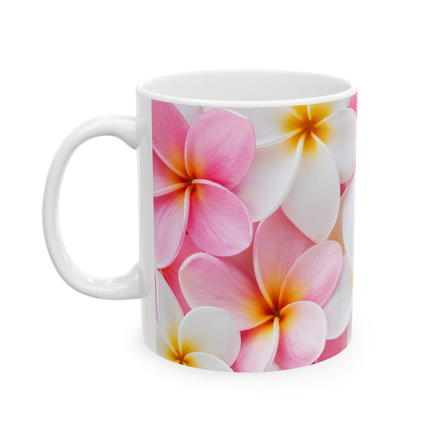 Pink Plumeria Floral Ceramic Mug — Tropical Frangipani Coffee Cup (11oz & 15oz)