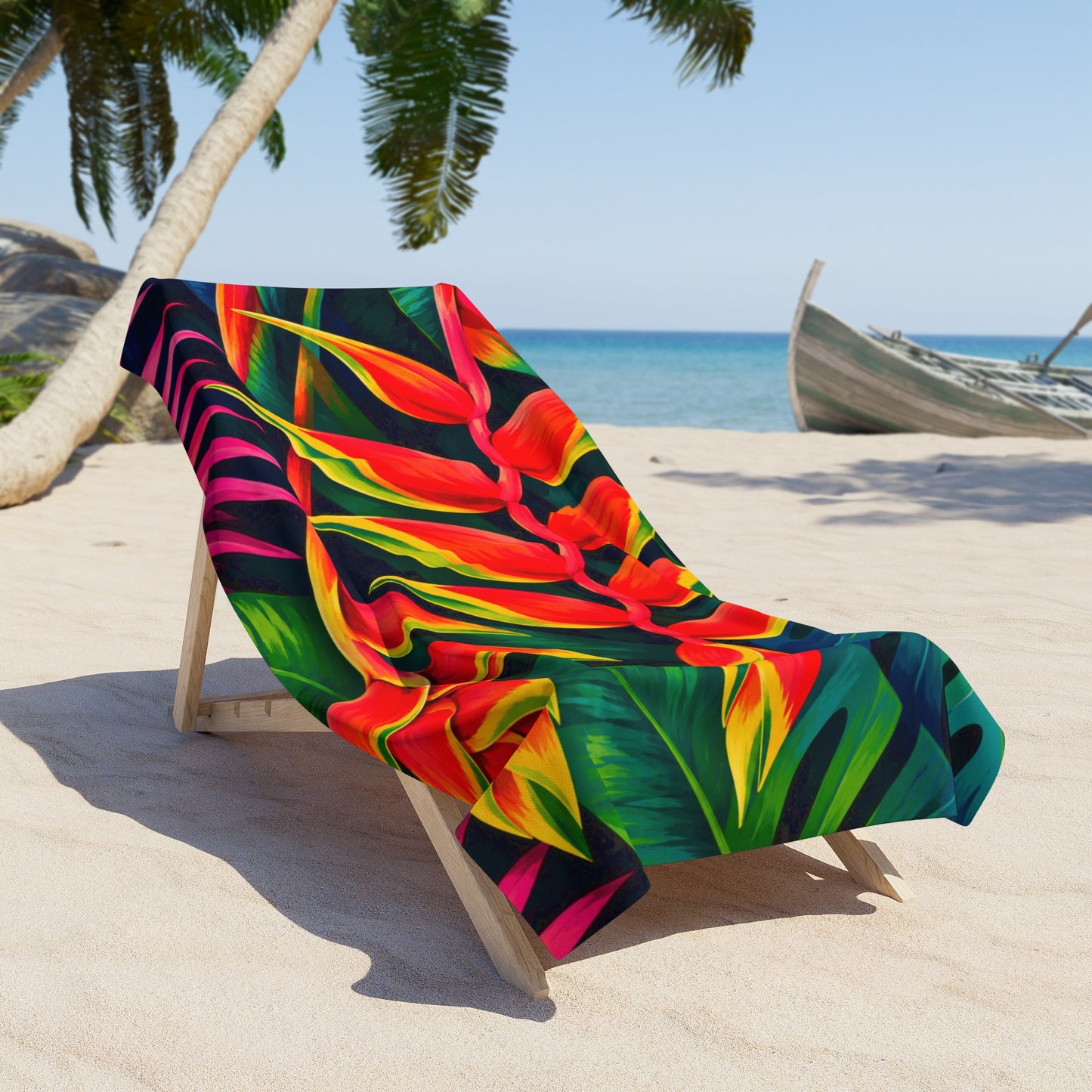 Tropical Heliconia Beach Towel — Vibrant Floral Tropical Leaf Pattern